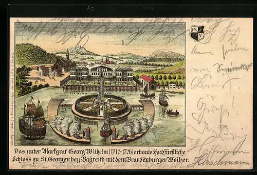 Lithographie Bayreuth, Schloss St. Georgen mit dem Brandenburger Weiher