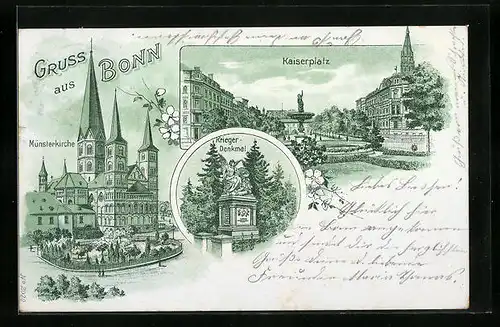 Künstler-AK Bonn, Münsterkirche, Kaiserplatz, Kriegerdenkmal