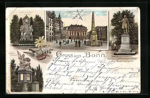 Lithographie Bonn, Marktplatz und Denkmäler