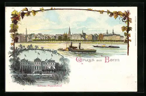 Lithographie Bonn, Panorama mit Rheinschiffen, Schloss Poppelsdorf