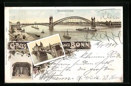 Lithographie Bonn, Rheinbrücke mit Schiffen