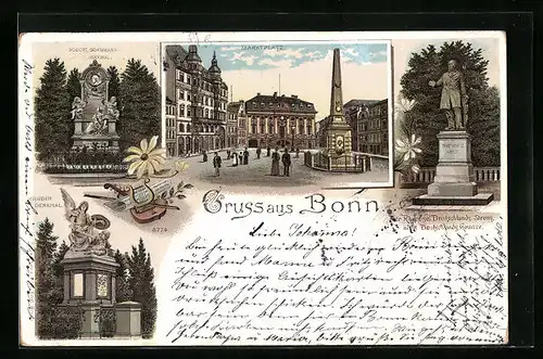 Lithographie Bonn, Marktplatz und Denkmäler