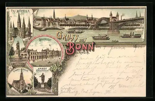 Lithographie Bonn, Ortsansicht mit Rheinbrücke, Bahnhof, Münster