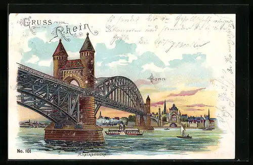 Lithographie Bonn, Partie an der Rheinbrücke