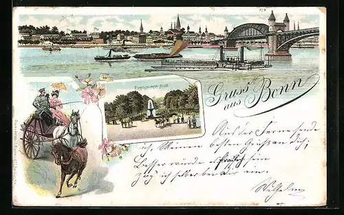 Lithographie Bonn, Panorama mit Rheinschiffen, Poppelsdorfer Allee