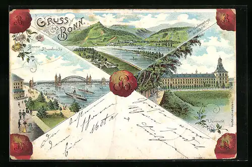 Lithographie Bonn, Rheinpartien und Universität als Rückseite eines Briefumschlags gestaltet