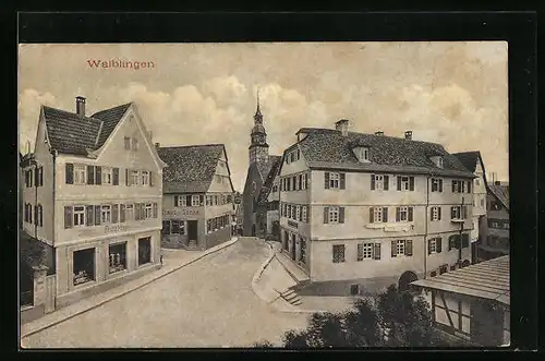 AK Waiblingen, Strassenpartie mit Blick auf Kirche