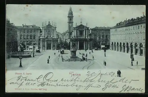 Mondschein-AK Torino, Piazza S. Carlo, Strassenbahn