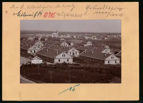 Fotografie Brück & Sohn Meissen, Ansicht Milowitz, Blick über das K.u.K. Militärlager, Baracken