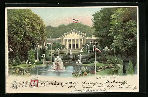 Lithographie Wiesbaden, Kurpark mit Anlagen