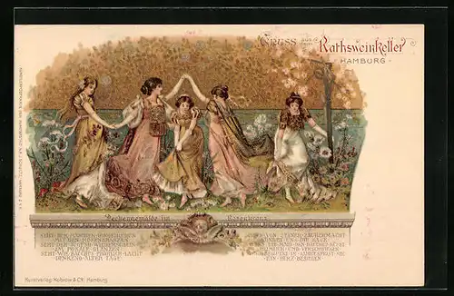 Lithographie Hamburg, Rathsweinkeller, Deckengemälde im Rosenkranz