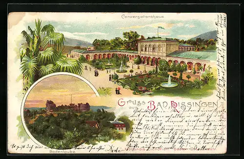 Lithographie Bad Kissingen, Conversationshaus und Bodenlaube