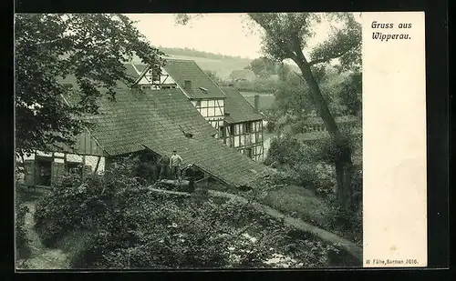 AK Wipperau, Blick auf das Sommerlokal, Fachwerkhäuser