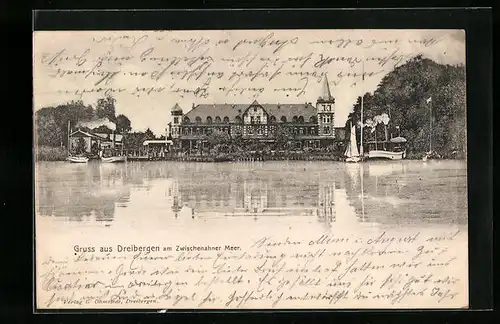 AK Dreibergen /Zwischenahner Meer, Ortsansicht vom Wasser aus, Dampfer und Boote