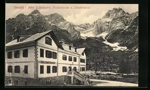 AK Sexten, Hotel Dolomitenhof, Fischleinboden und Schusterspitze