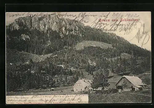 AK Schöneben, Ortsansicht mit Bergpanorama