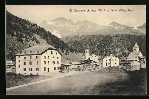 AK St. Gertraud b. Sulden, Ortsansicht mit Hotel Eller
