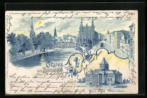 Lithographie Barmen, Ortsansicht mit Strassenbahn und Ruhmeshalle