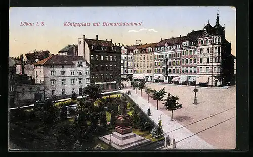 AK Löbau i. S., Königsplatz mit Bismarckdenkmal