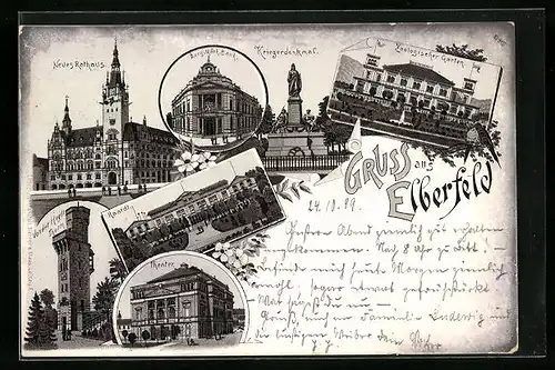 Lithographie Elberfeld, Neues Rathaus, Kriegerdenkmal, Zoologischer Garten