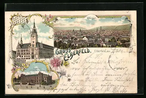 Lithographie Elberfeld, Ortsansicht, Neues Rathaus und Stadthalle auf dem Johannisberg