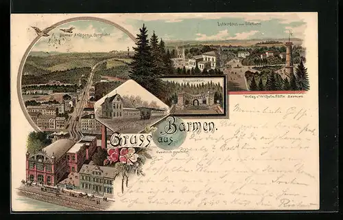 Lithographie Barmen, Barmer Anlagen und Bergbahn, Luftkurhaus und Töllethurm