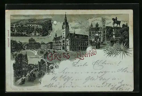 Mondschein-Lithographie Elberfeld, Rathaus mit Neumarkt, Döppersberg