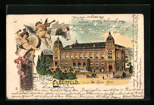 Lithographie Elberfeld, Stadthalle mit Strassenpartie