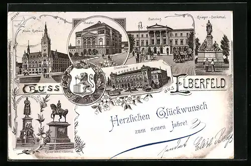 Lithographie Elberfeld, Neues Rathaus, Theater, Bahnhof
