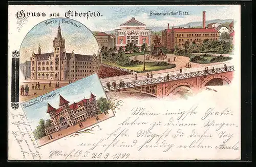 Lithographie Elberfeld, Neues Rathaus, Brausenwerther Platz und Stadthalle Barmen