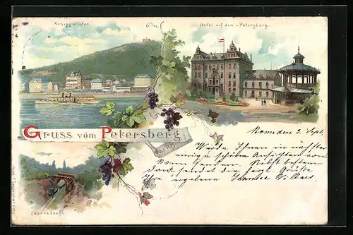 Lithographie Petersberg a. Rh., Hotel auf dem Petersberg, Zahnradbahn und Ansicht Königswinter