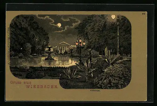 Mondschein-Lithographie Wiesbaden, Kurhaus mit Park und Springbrunnen