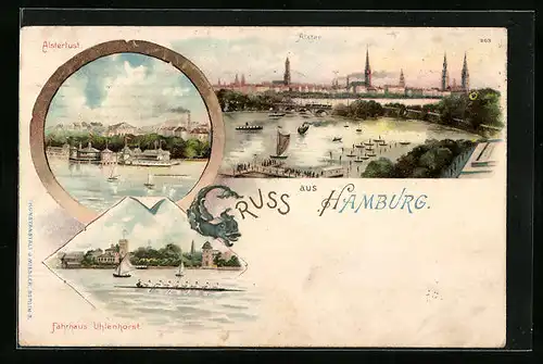 Lithographie Hamburg, Alster, Alsterlust und Fährhaus Uhlenhorst
