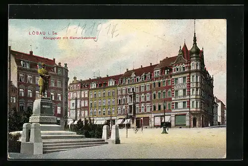 AK Löbau i. Sa., Königsplatz mit Bismarckdenkmal