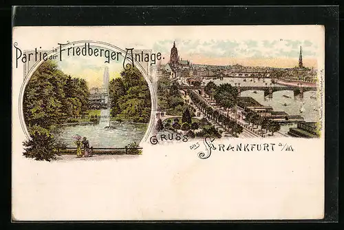 Lithographie Frankfurt a. Main, Ortsansicht mit Mainpartie und Springbrunnen