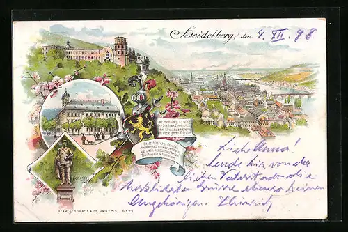 Lithographie Heidelberg, Ortsansicht aus der Vogelschau mit Universität und Scheffel-Denkmal