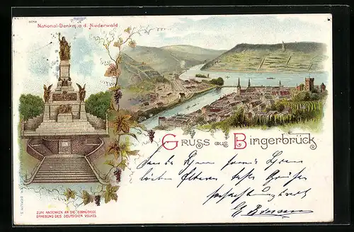 Lithographie Bingerbrück, Ortsansicht und National-Denkmal a.d. Niederwald