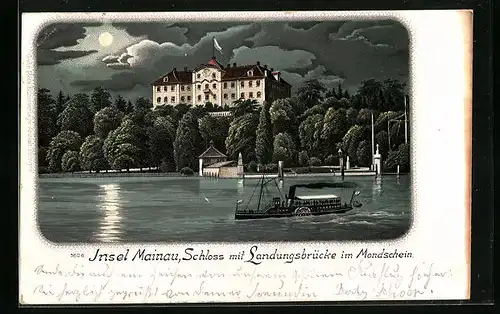 Mondschein-Lithographie Konstanz, Insel Mainau mit Schoss und Landungsbrücke