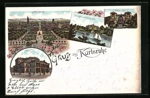 Lithographie Karlsruhe, Hoftheater, Stadtgartensee, Festhalle