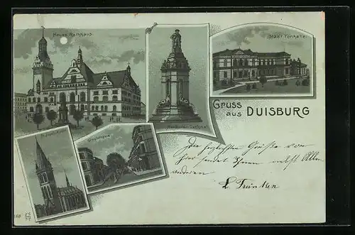 Mondschein-AK Duisburg, Neues Rathaus, Merkator Denkmal, Königsstrasse