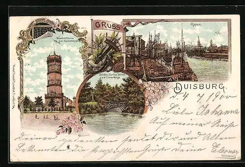 Lithographie Duisburg, Hafenpartie, Wasserthurm