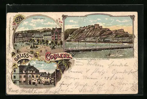 Lithographie Koblenz, Festung mit Schiffbrücke, Goebenplatz