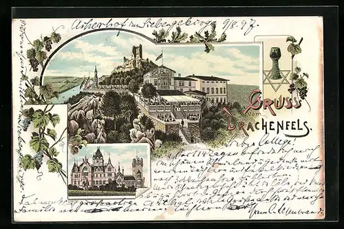 Lithographie Königswinter, Drachenfels mit Hotel und Flusspartie