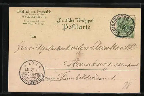 Lithographie Königswinter, Drachenfels mit Hotel und Flusspartie