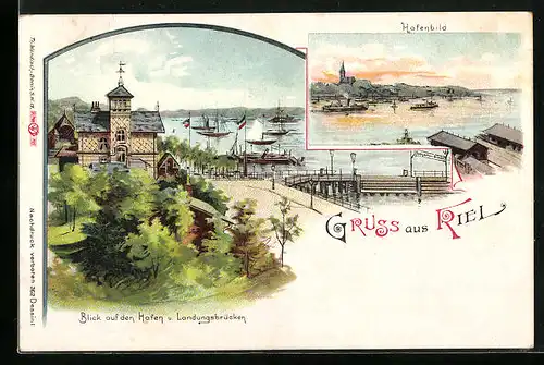 Lithographie Kiel, Hafepartie mit Landungsbrücken