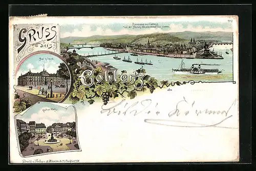 Lithographie Koblenz, Panorama, Post-Gebäude, Goeben-Platz