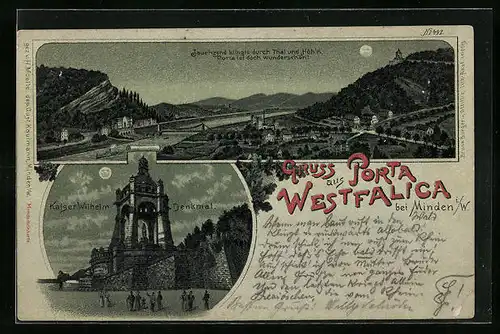 Mondschein-AK Porta Westfalica b. Minden, Panorama mit Kaiser-Wilhelm-Denkmal