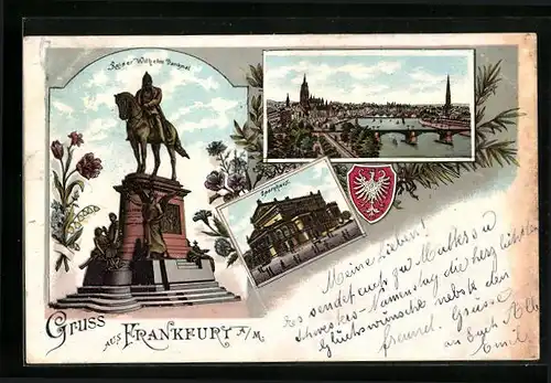 Lithographie Frankfurt a. Main, Opernhaus, Kaiser-Wilhelm-Denkmal, Panorama