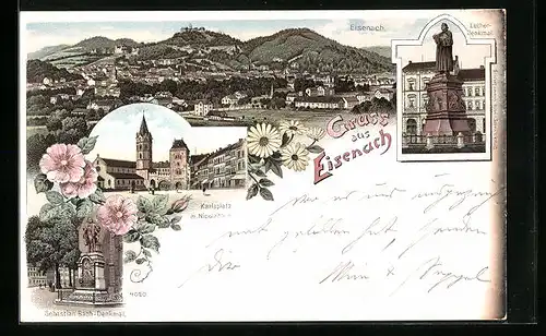 Lithographie Eisenach, Panorama mit Karlsplatz und Luther-Denkmal