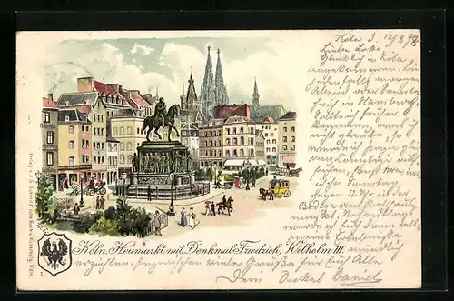 Lithographie Köln, Heumarkt mit Denkmal Friedrich Wilhelm III